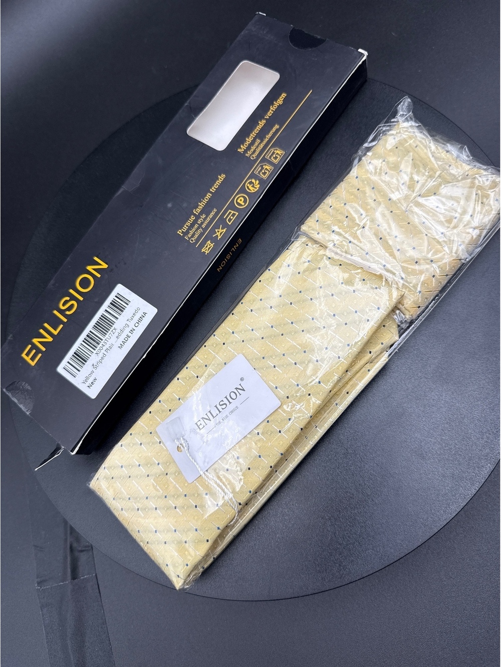 ENLISION Yellow Striped Pattern Tuxedo Set with Tie and Clip